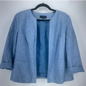 Talbots Womens 12 Blazer Jacket Blue Linen Open Front 3/4 Sleeve Lined Office